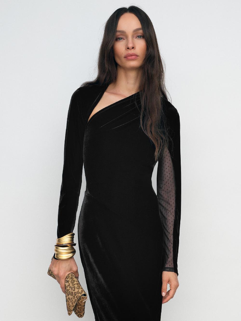 Reiss Petite Velvet Sheer-Panel Cut-Out Midi Dress In Black