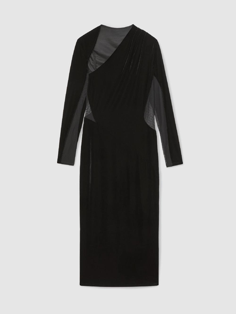 Reiss Petite Velvet Sheer-Panel Cut-Out Midi Dress In Black