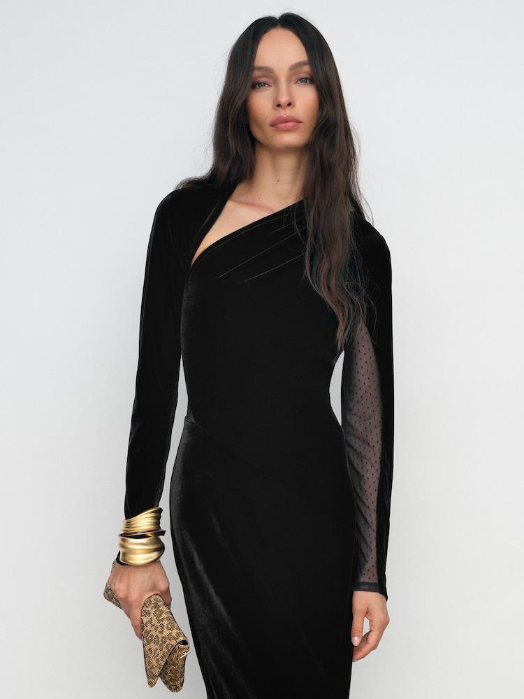 reiss Petite Velvet Sheer-Panel Cut-Out Midi Dress in Black