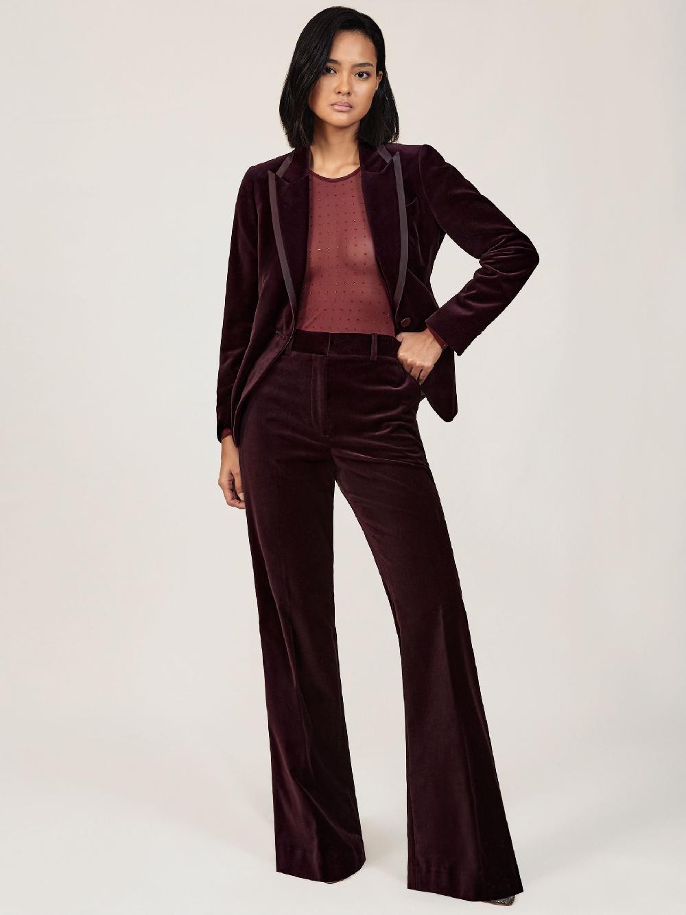 Reiss Petite Velvet Tuxedo-Stripe Flared Trousers In Burgundy