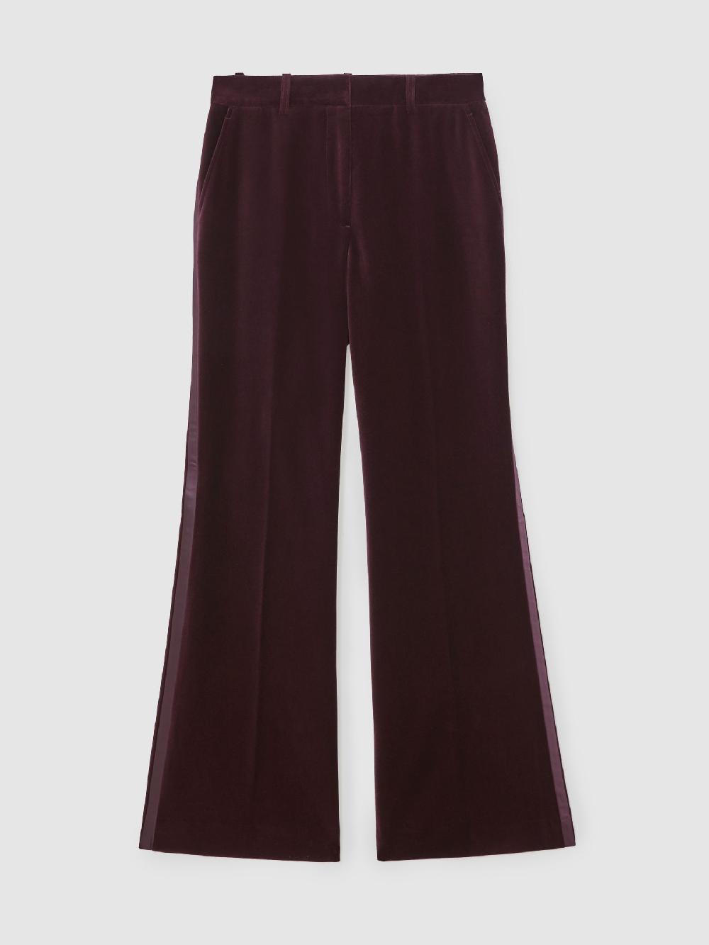 Reiss Petite Velvet Tuxedo-Stripe Flared Trousers In Burgundy