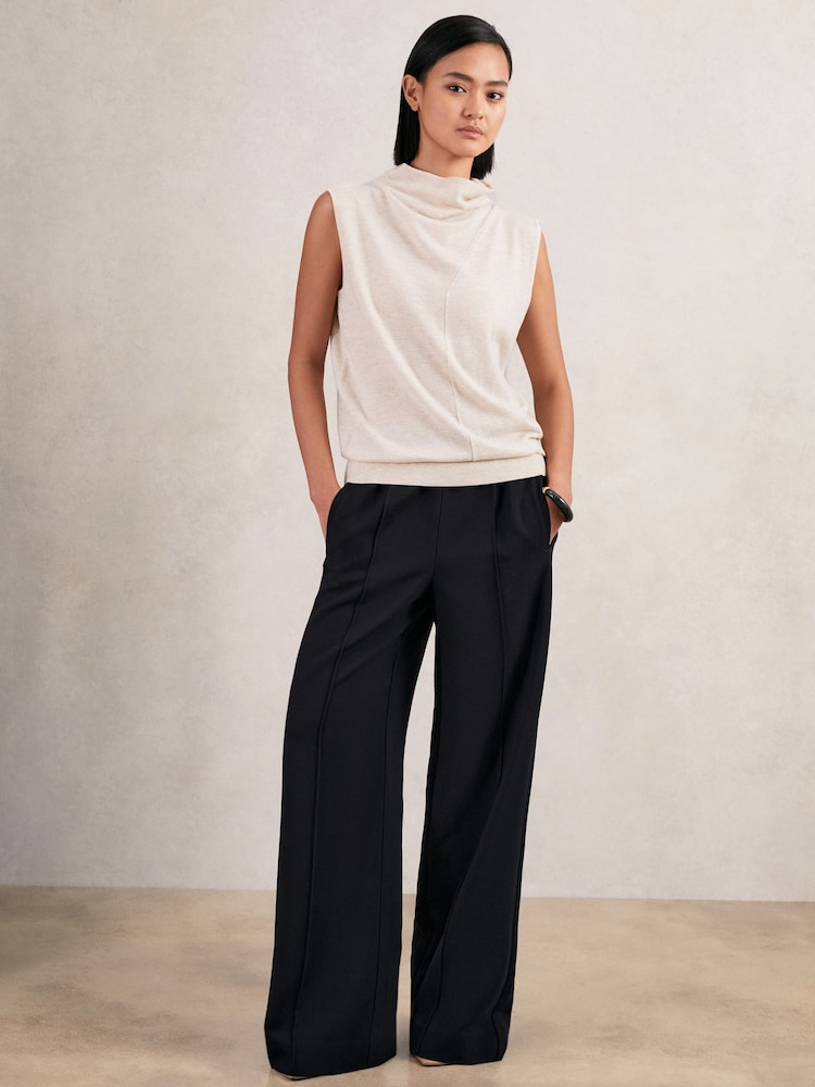 reiss Petite Wide-Leg Elasticated-Waist Trousers in Navy