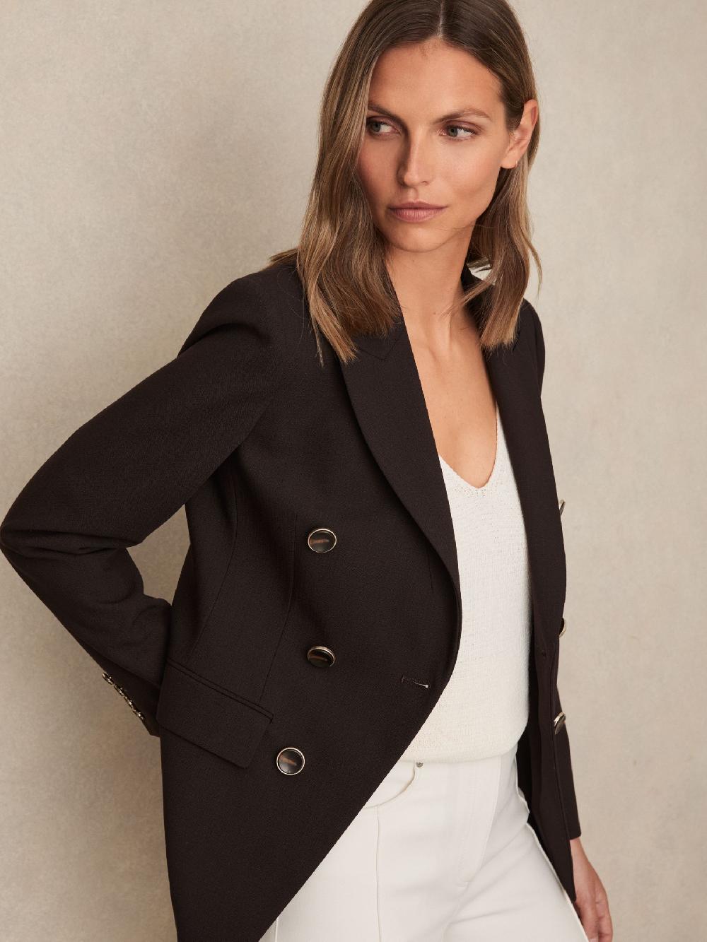 Reiss Petite Wool-Blend Double-Breasted Blazer In Chocolate Brown