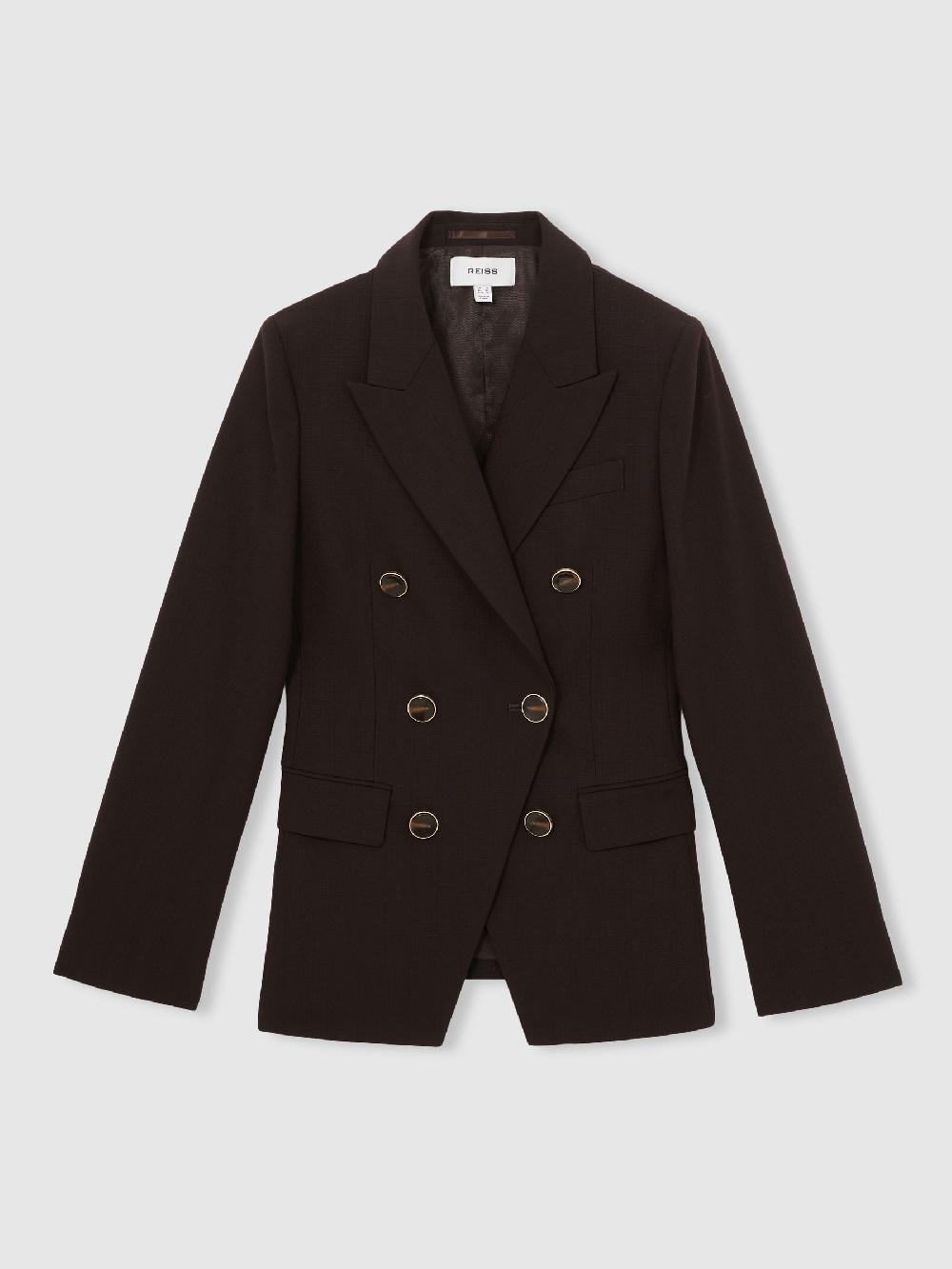 Reiss Petite Wool-Blend Double-Breasted Blazer In Chocolate Brown