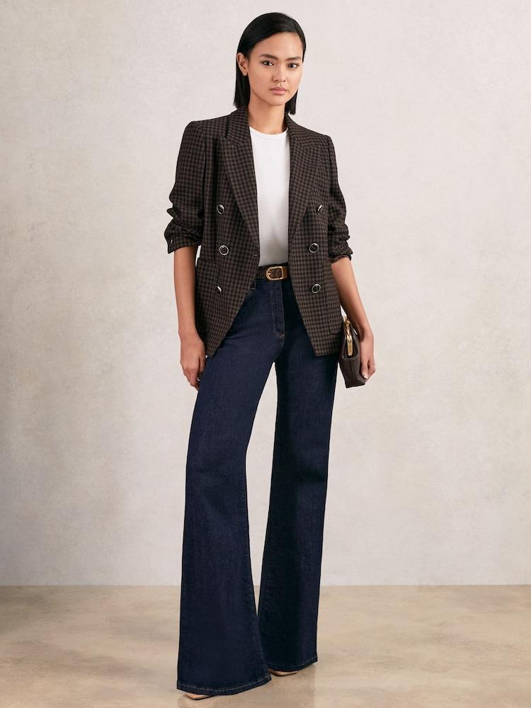 reiss Petite Wool-Blend Double-Breasted Check Blazer in Brown Check