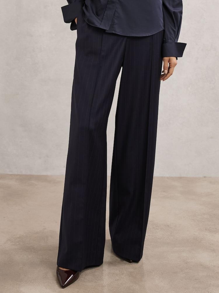 reiss Petite Wool-Blend Pinstripe Wide-Leg Trousers in Navy