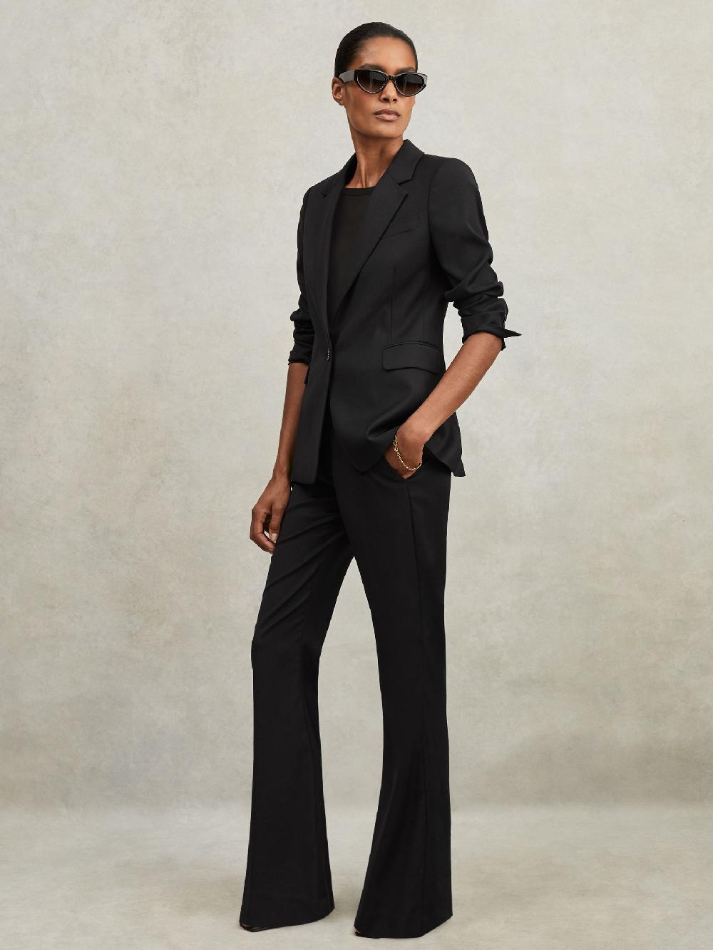 Reiss Petite Wool-Blend Tailored Flared Suit Trousers In Black