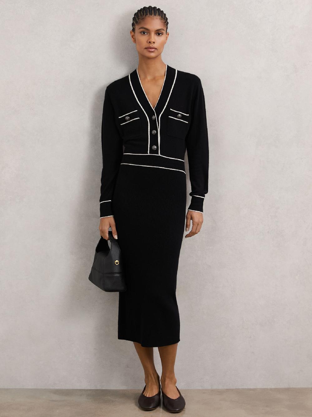 Reiss Petite Wool-Blend Tipped Dress With Cashmere In Black/Ivory