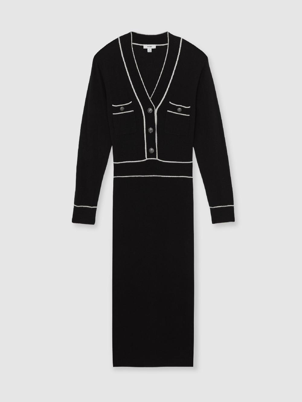 Reiss Petite Wool-Blend Tipped Dress With Cashmere In Black/Ivory