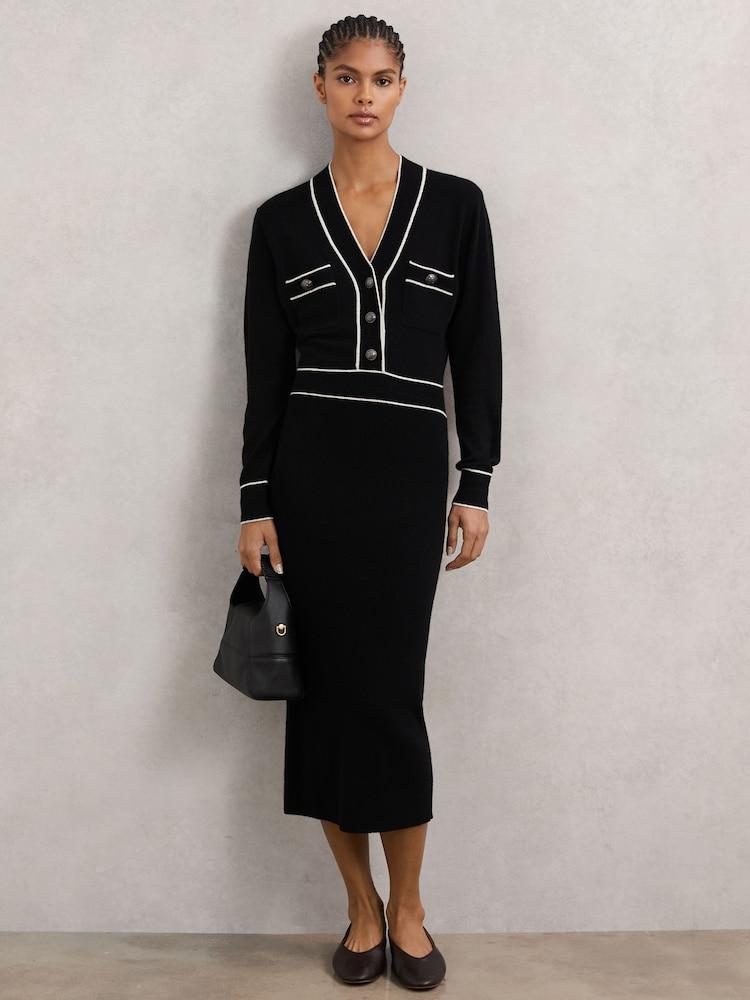 reiss Petite Wool-Blend Tipped Dress With Cashmere in Black/Ivory