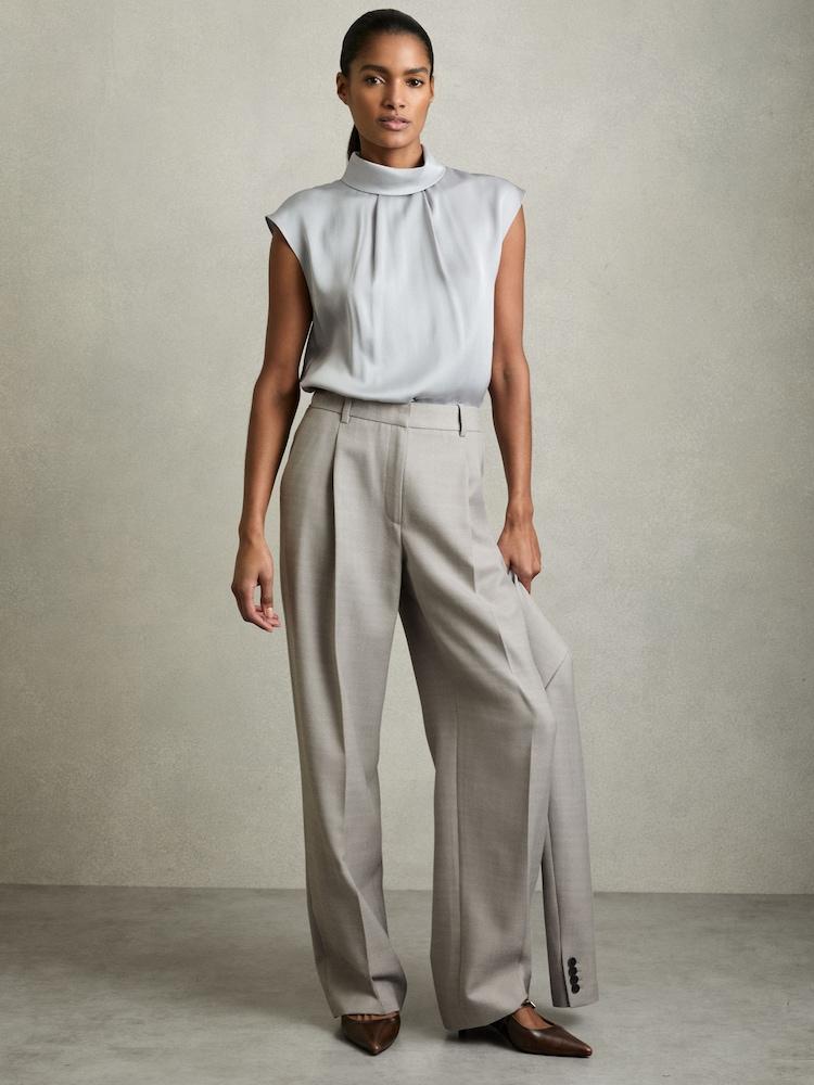 reiss Petite Wool-Blend Wide-Leg Suit Trousers in Grey
