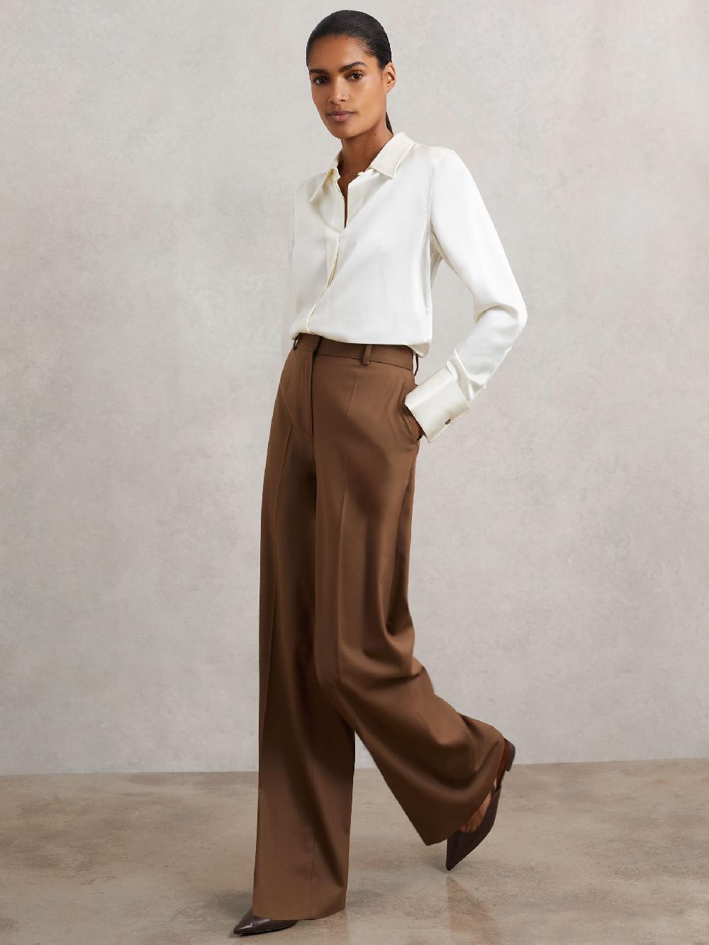 Reiss Petite Wool-Blend Wide-Leg Suit Trousers In Tan