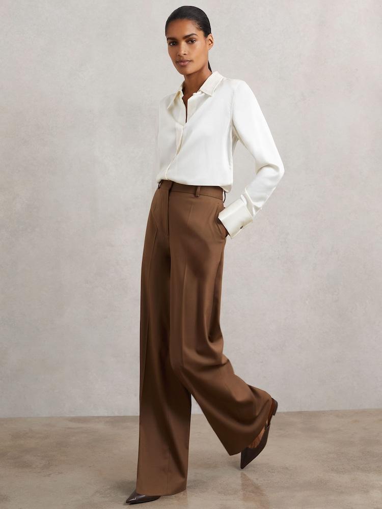 reiss Petite Wool-Blend Wide-Leg Suit Trousers in Tan