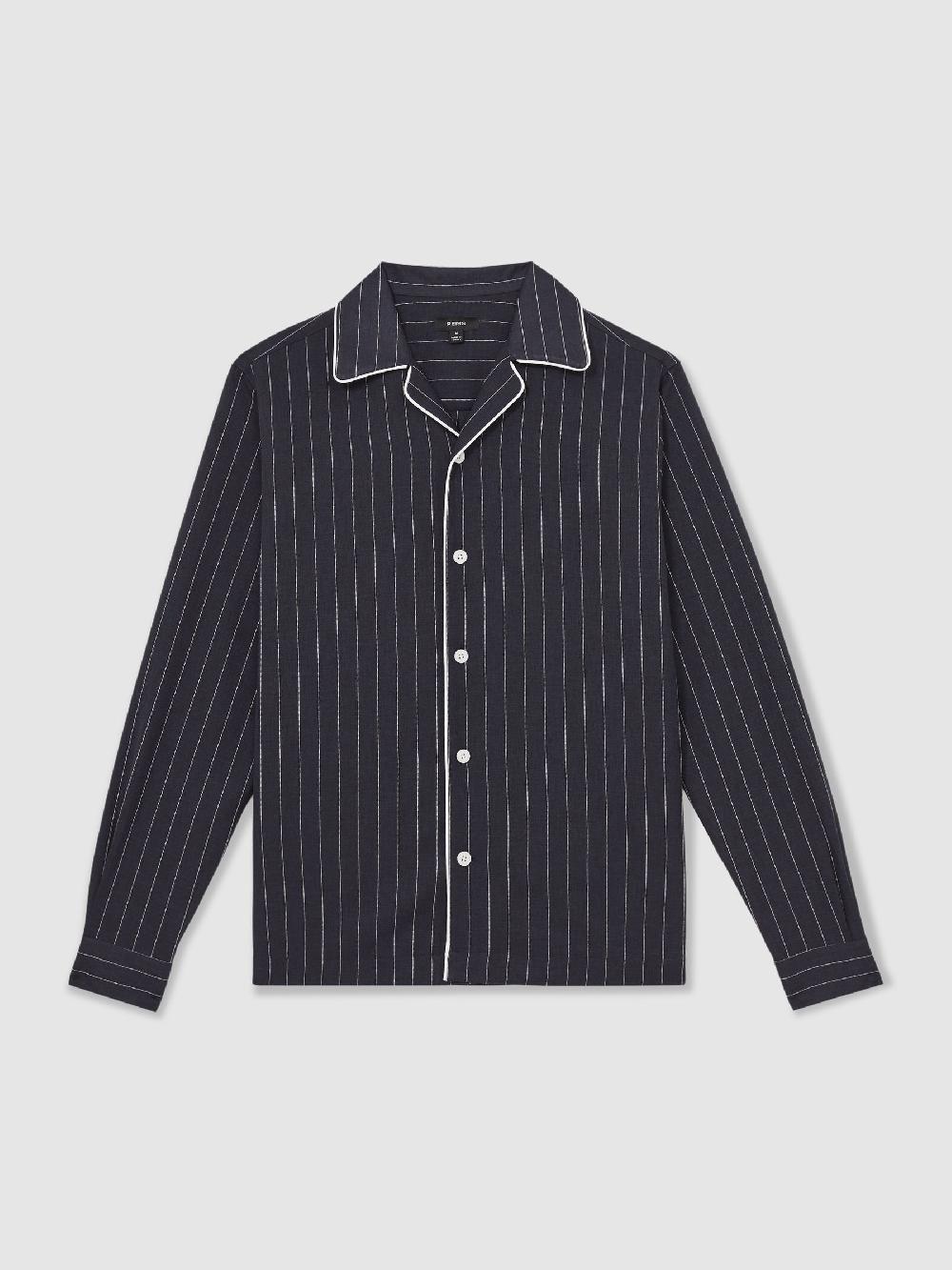 Reiss Pinstripe Cuban-Collar Piped Shirt In Navy/White