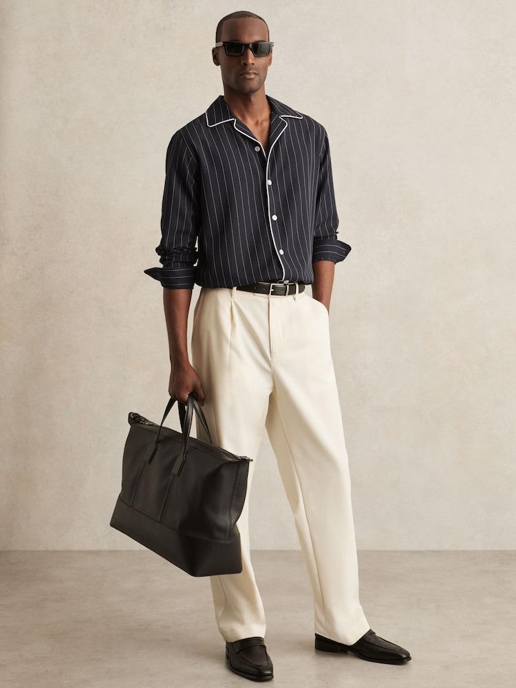 reiss Pinstripe Cuban-Collar Piped Shirt in Navy/White