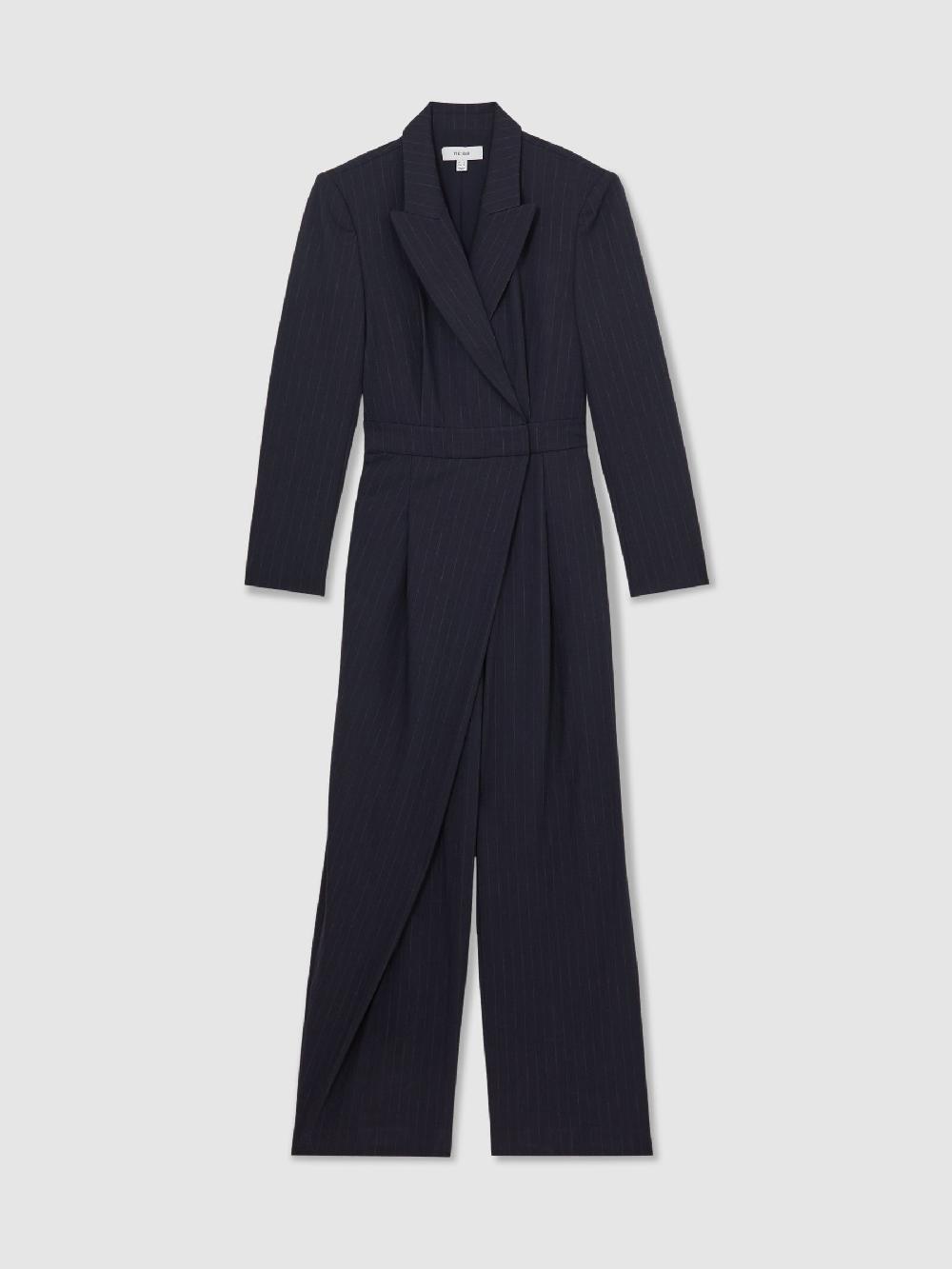 Reiss Pinstripe Tailored Wide-Leg Jumpsuit With Wool In Navy