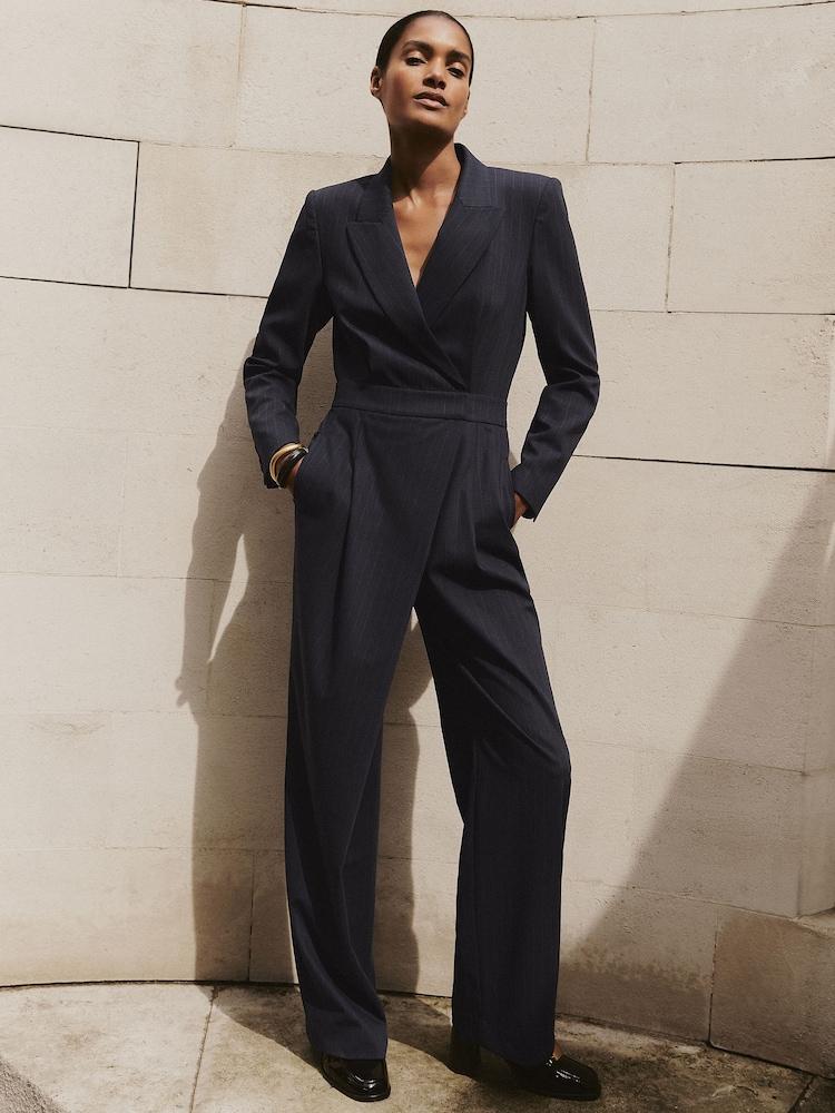 reiss Pinstripe Tailored Wide-Leg Jumpsuit with Wool in Navy