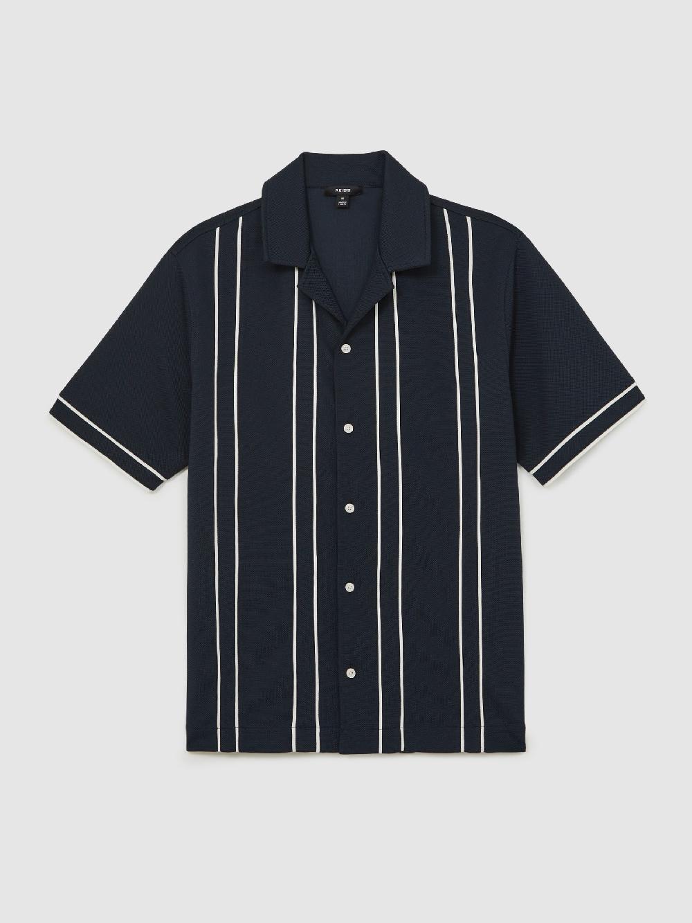 Reiss Piped-Stripe Cuban-Collar Shirt In Navy/White