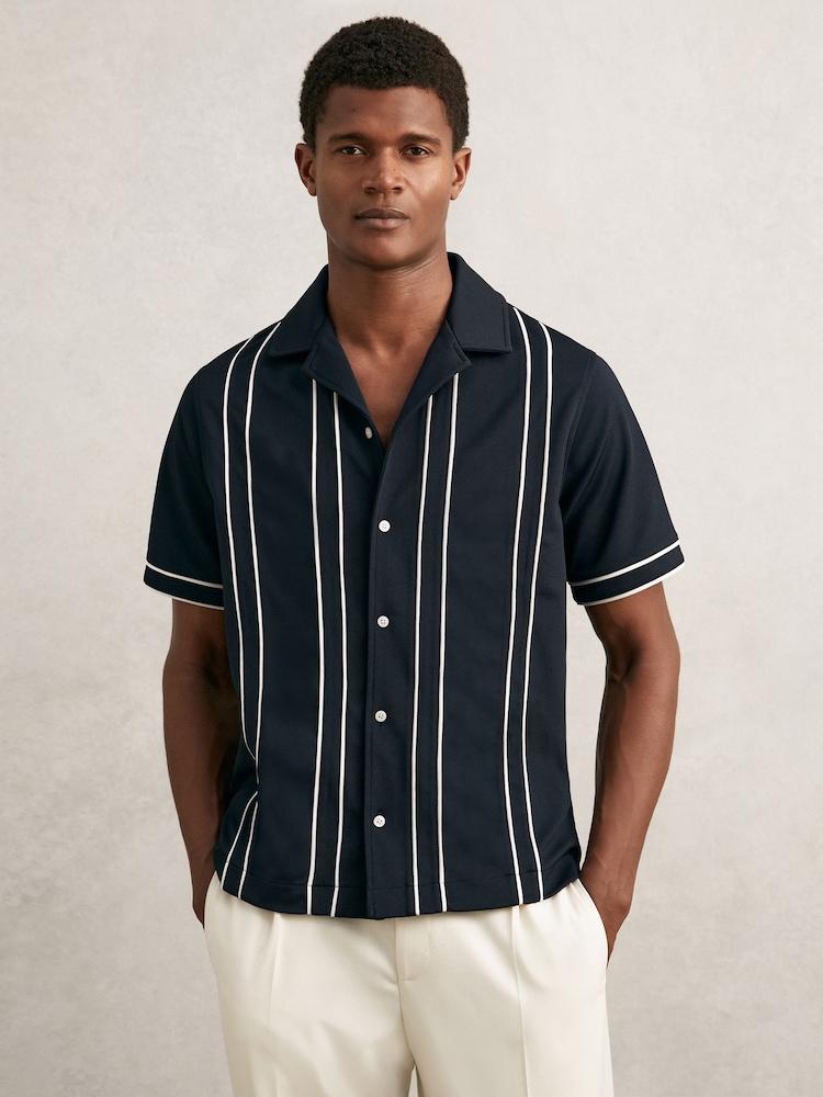 reiss Piped-Stripe Cuban-Collar Shirt in Navy/White