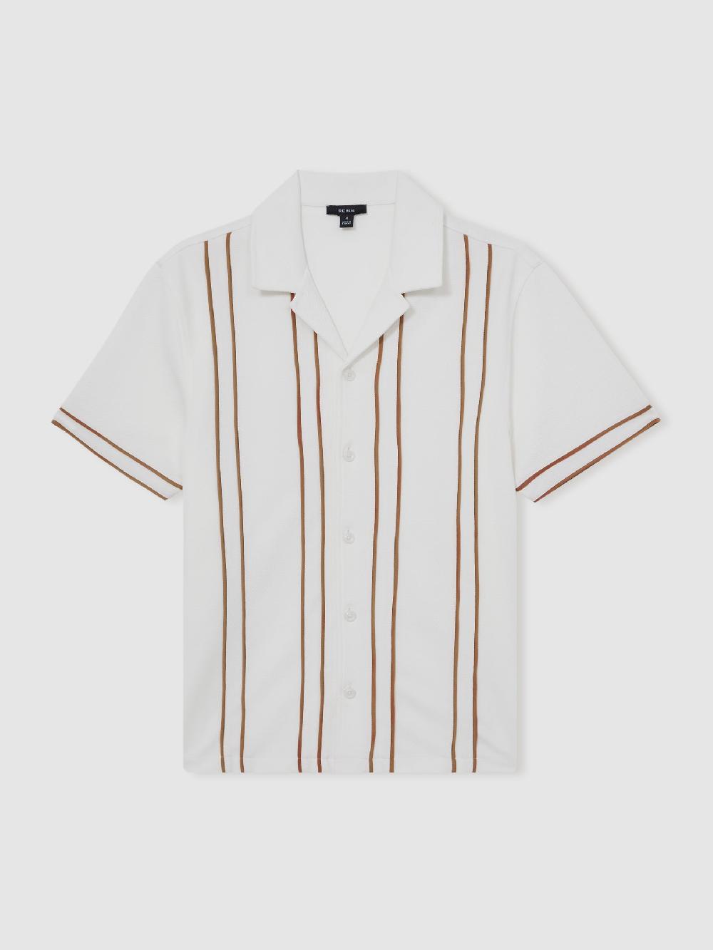 Reiss Piped-Stripe Cuban-Collar Shirt In White/Camel