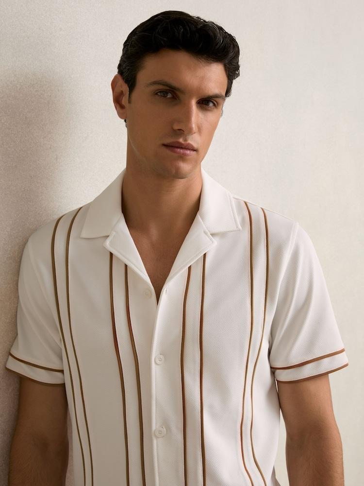 reiss Piped-Stripe Cuban-Collar Shirt in White/Camel
