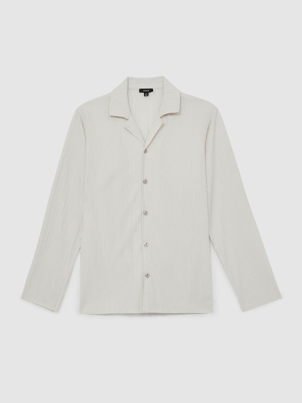 Reiss Plissé Cuban-Collar Long-Sleeve Shirt In Off White