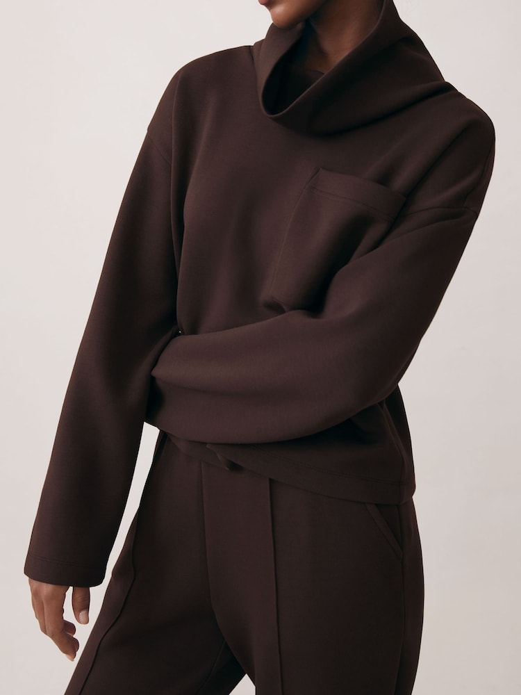 reiss Premium Interlock Funnel-Neck Sweatshirt in Dark Chocolate Brown