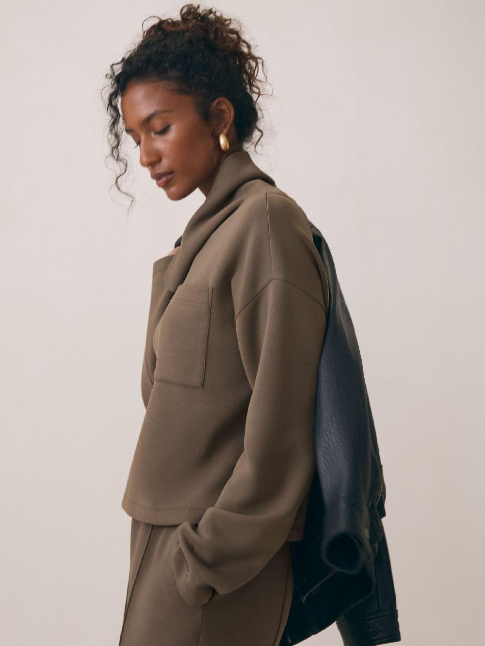 Reiss Premium Interlock Funnel-Neck Sweatshirt In Khaki Green