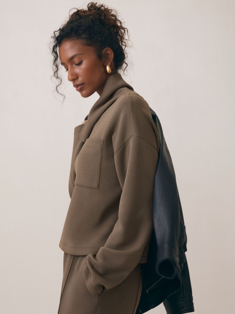 reiss Premium Interlock Funnel-Neck Sweatshirt in Khaki Green