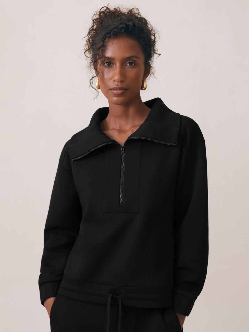 Reiss Premium Interlock Half-Zip Sweatshirt In Black