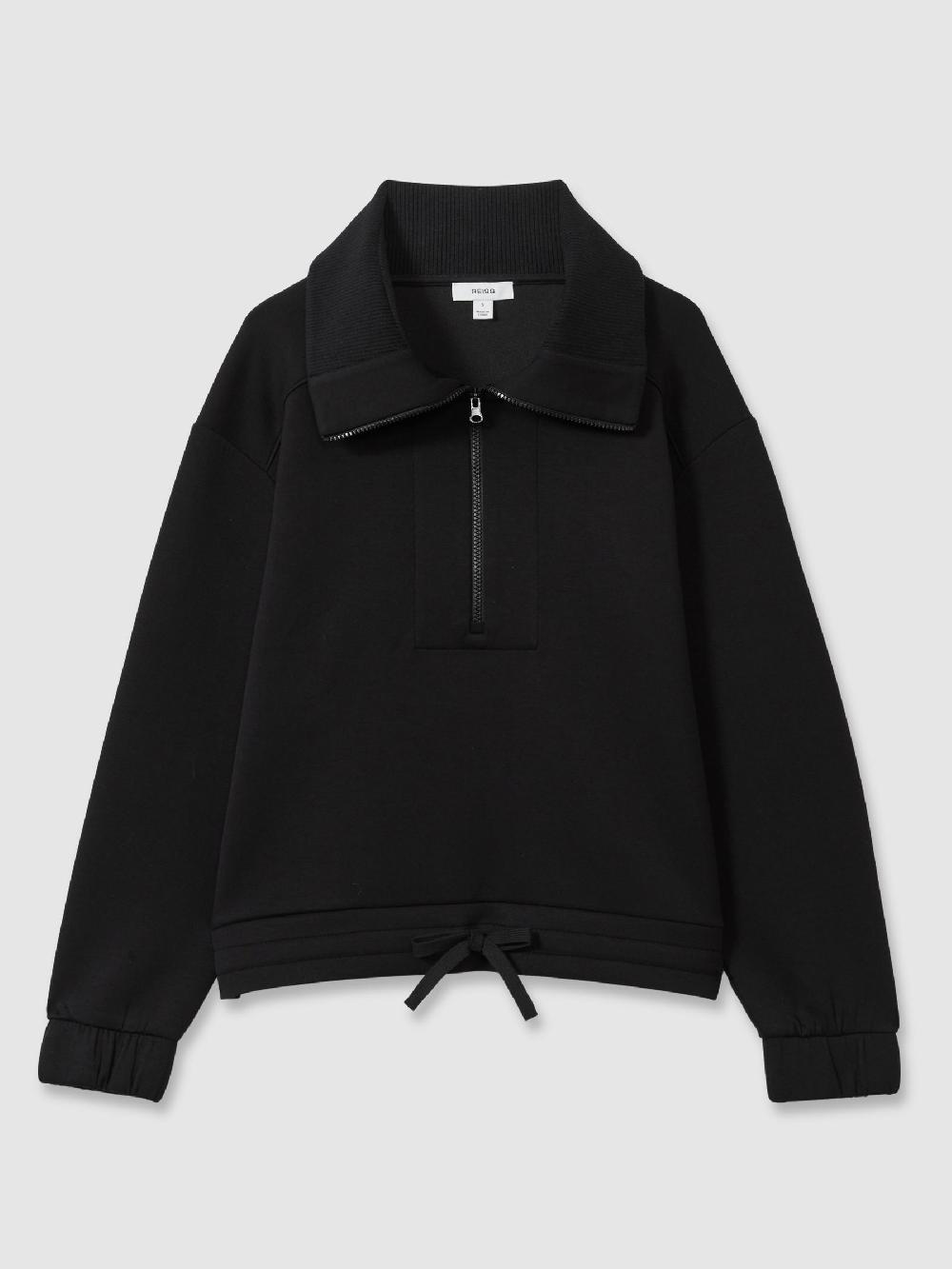 Reiss Premium Interlock Half-Zip Sweatshirt In Black