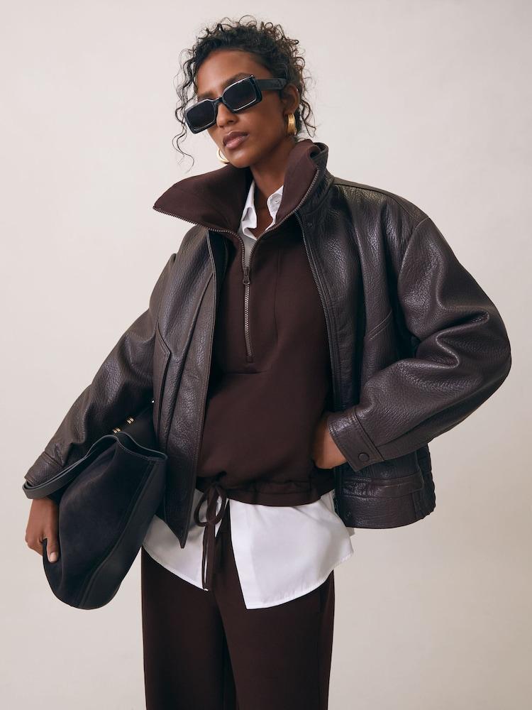 reiss Premium Interlock Half-Zip Sweatshirt in Plum