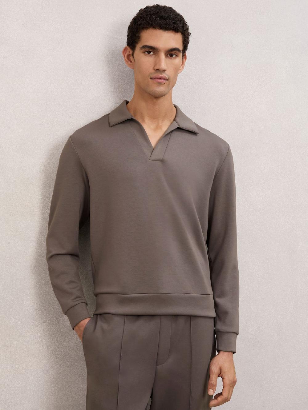 Reiss Premium Interlock Open-Collar Polo Sweatshirt In Light Brown