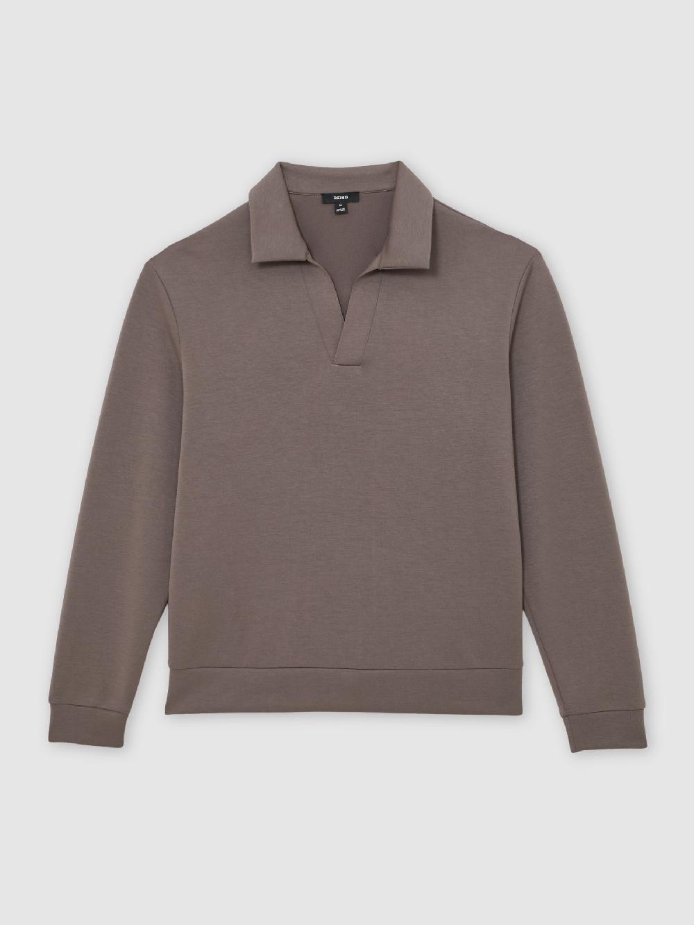 Reiss Premium Interlock Open-Collar Polo Sweatshirt In Light Brown