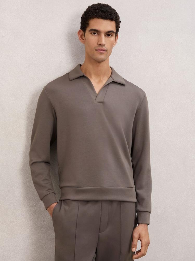 reiss Premium Interlock Open-Collar Polo Sweatshirt in Light Brown