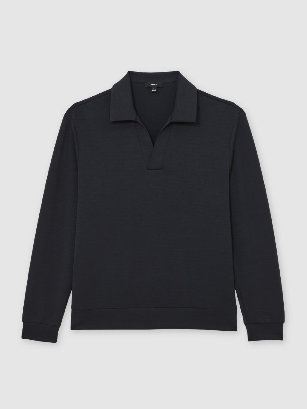 Reiss Premium Interlock Open-Collar Polo Sweatshirt In Navy Blue