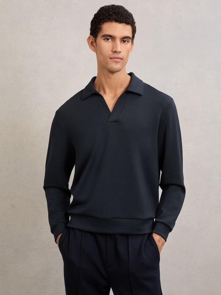 reiss Premium Interlock Open-Collar Polo Sweatshirt in Navy Blue