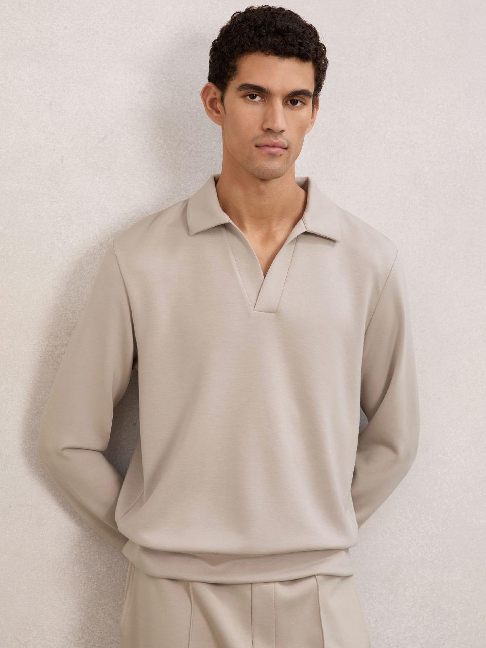 Reiss Premium Interlock Open-Collar Polo Sweatshirt In Stone
