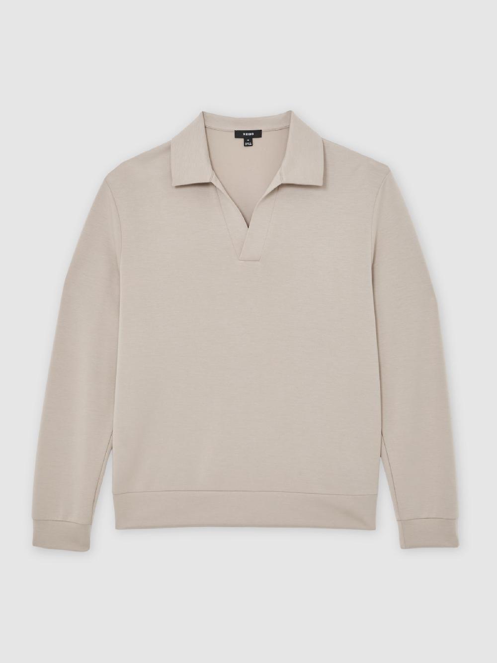 Reiss Premium Interlock Open-Collar Polo Sweatshirt In Stone