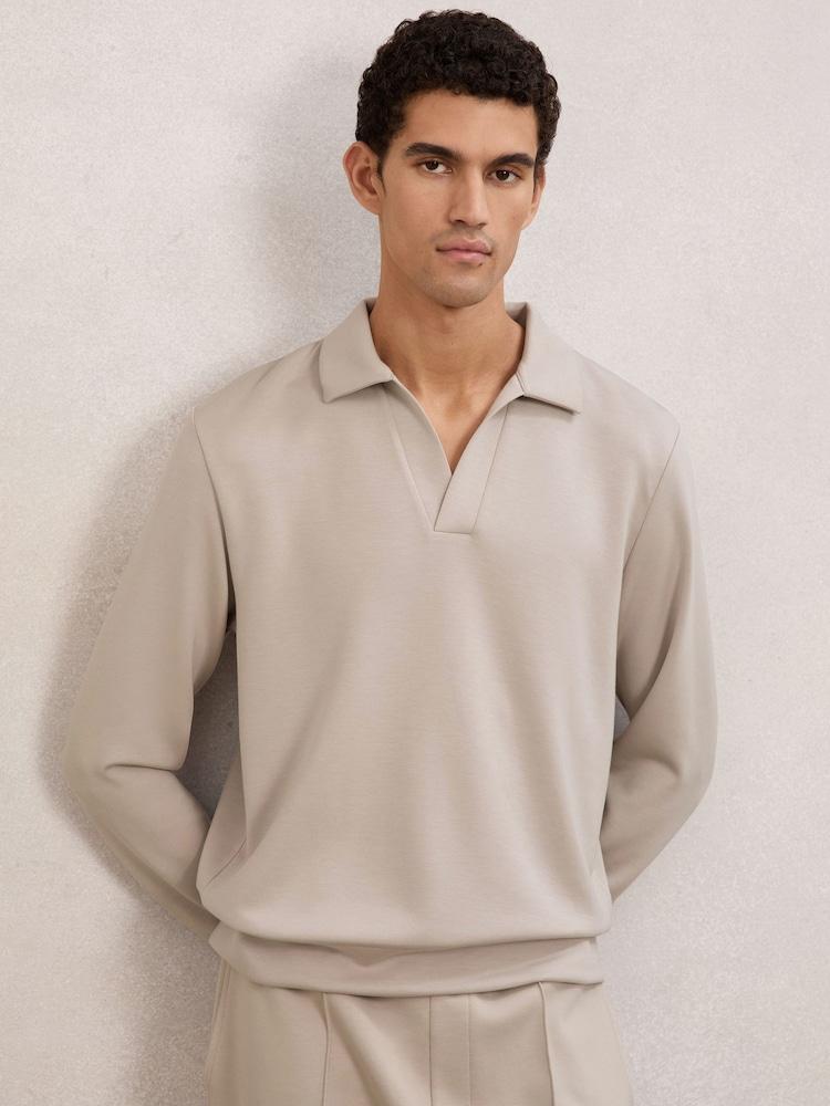 reiss Premium Interlock Open-Collar Polo Sweatshirt in Stone