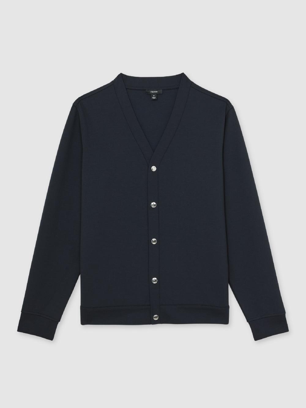Reiss Premium Interlock Press-Stud Cardigan In Navy