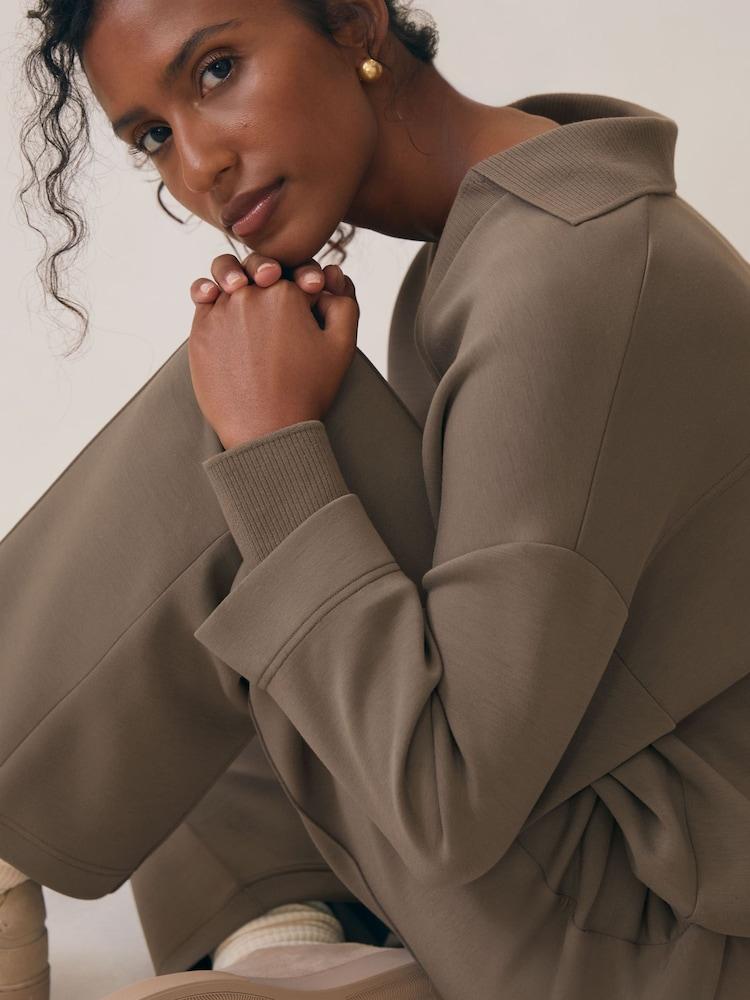 reiss Premium Interlock Wide-Leg Joggers in Khaki Green