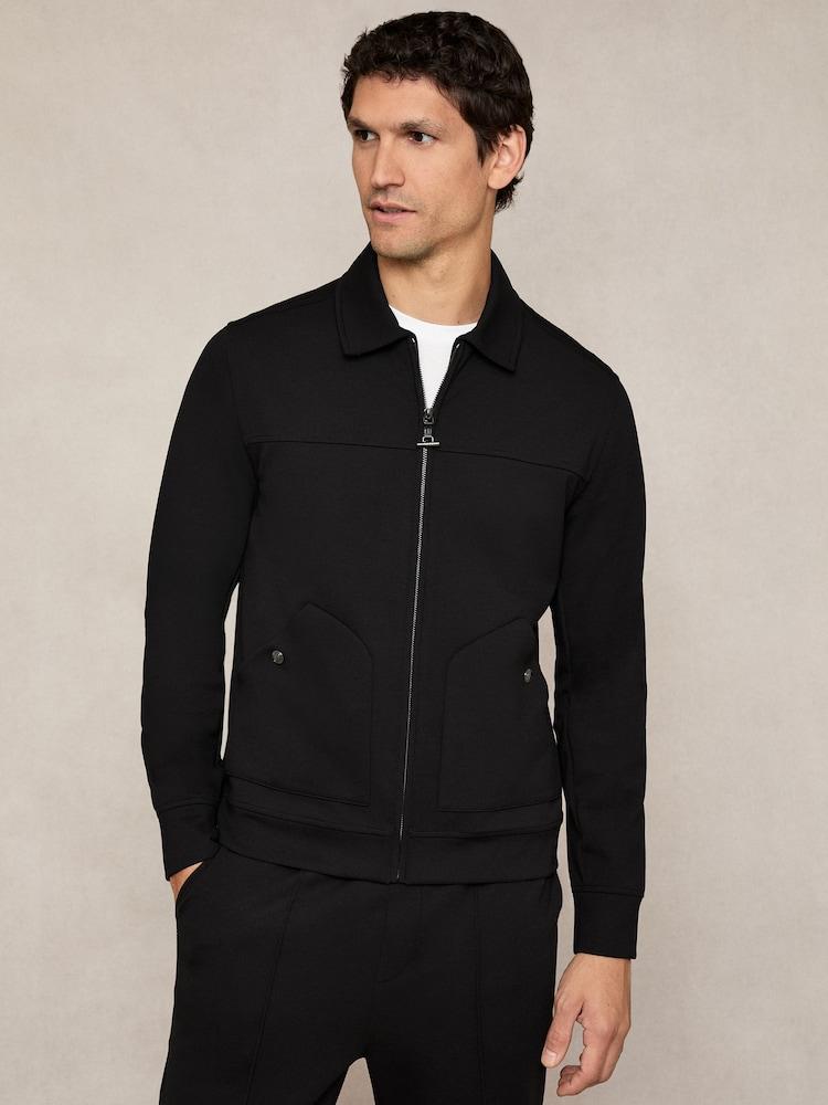 reiss Premium Interlock Zip-Through Overshirt in Black