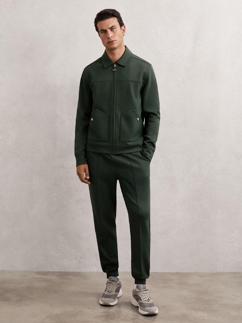 Reiss Premium Interlock Zip-Through Overshirt In Dark Sage Green