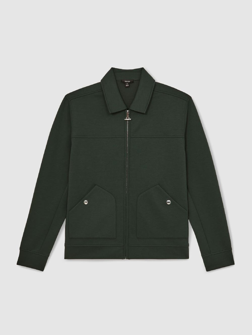 Reiss Premium Interlock Zip-Through Overshirt In Dark Sage Green