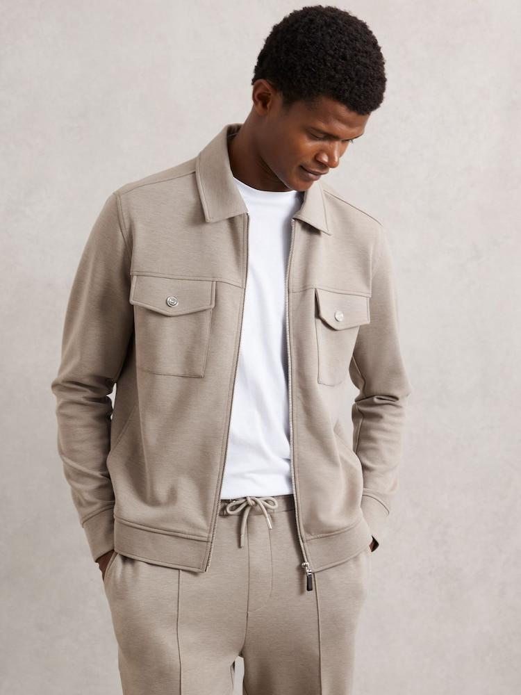 reiss Premium Interlock Zip-Through Overshirt in Taupe Brown