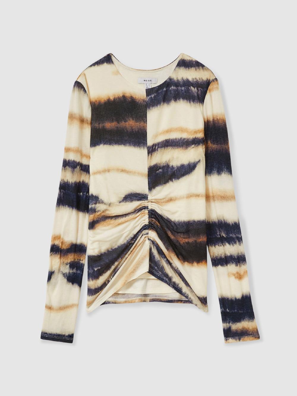 Reiss Printed Jersey Ruched Top With Wool In Cream/Black