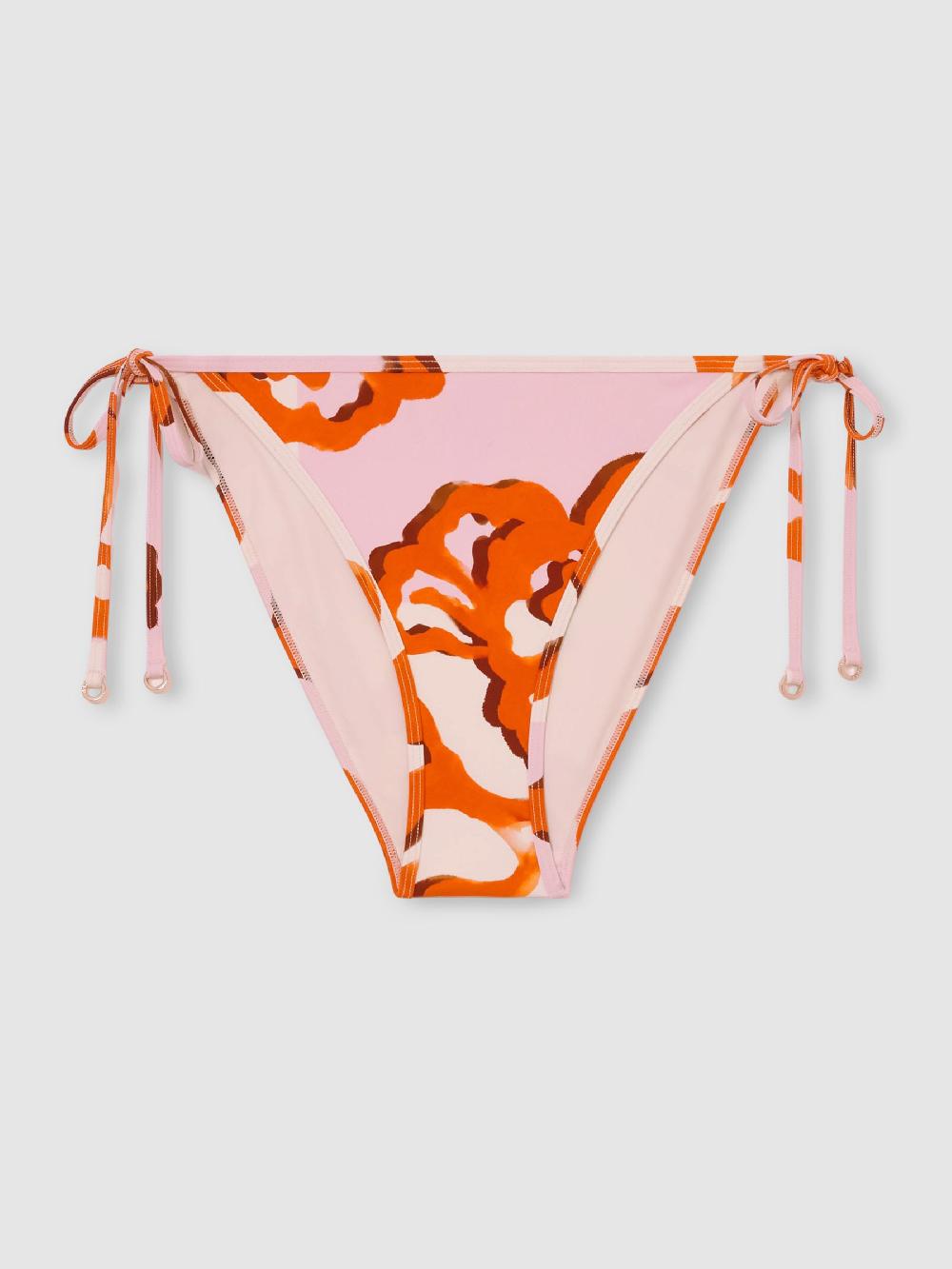 Reiss Printed Side Tie Bikini Bottoms In Pink/Orange