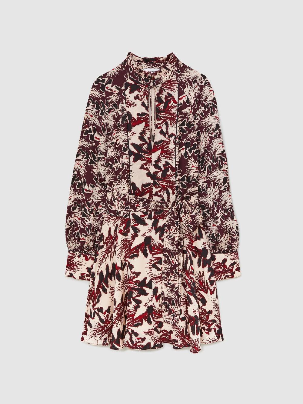 Reiss Printed Tie-Waist Flippy Mini Dress In Burgundy/Cream