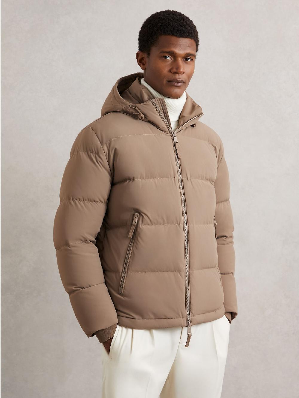 Reiss Quilted Zip-Through Puffer Jacket In Light Camel Brown